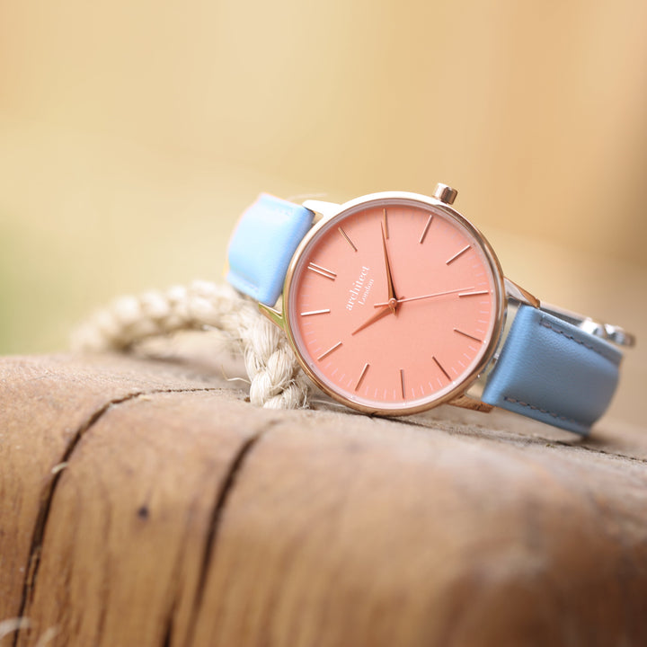 Ladies Archiect Coral - Modern Font Engraving + Light Blue Strap - Wear We Met