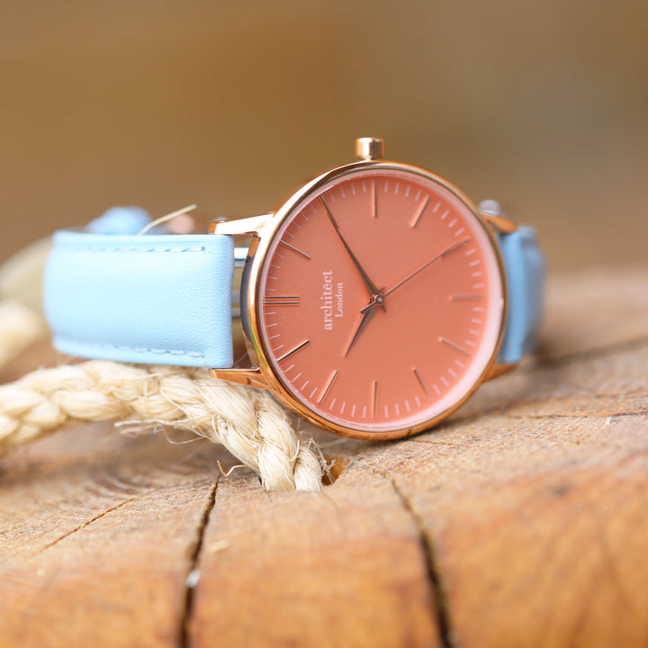 Ladies Archiect Coral - Modern Font Engraving + Light Blue Strap - Wear We Met