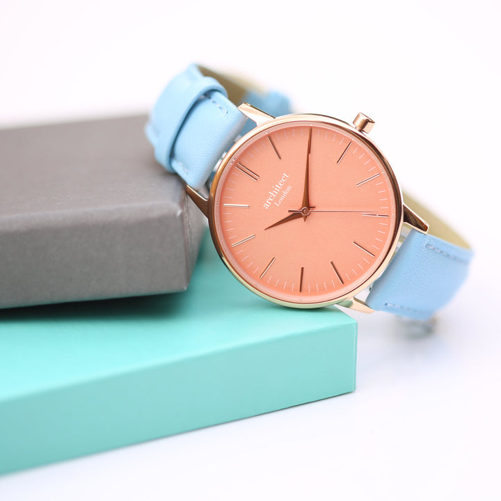 Ladies Archiect Coral - Modern Font Engraving + Light Blue Strap - Wear We Met