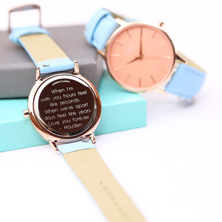 Ladies Archiect Coral Modern Font Engraving + Light Blue Strap 