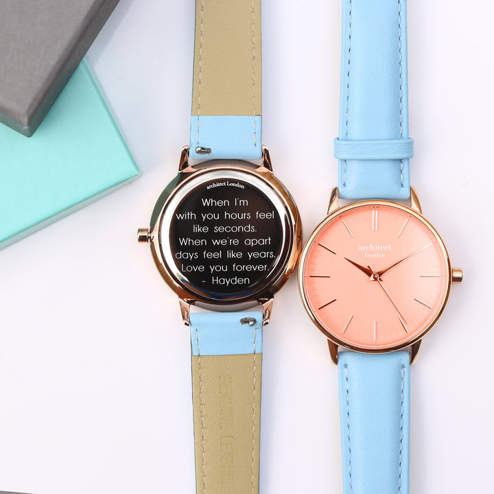 Ladies Archiect Coral - Modern Font Engraving + Light Blue Strap - Wear We Met