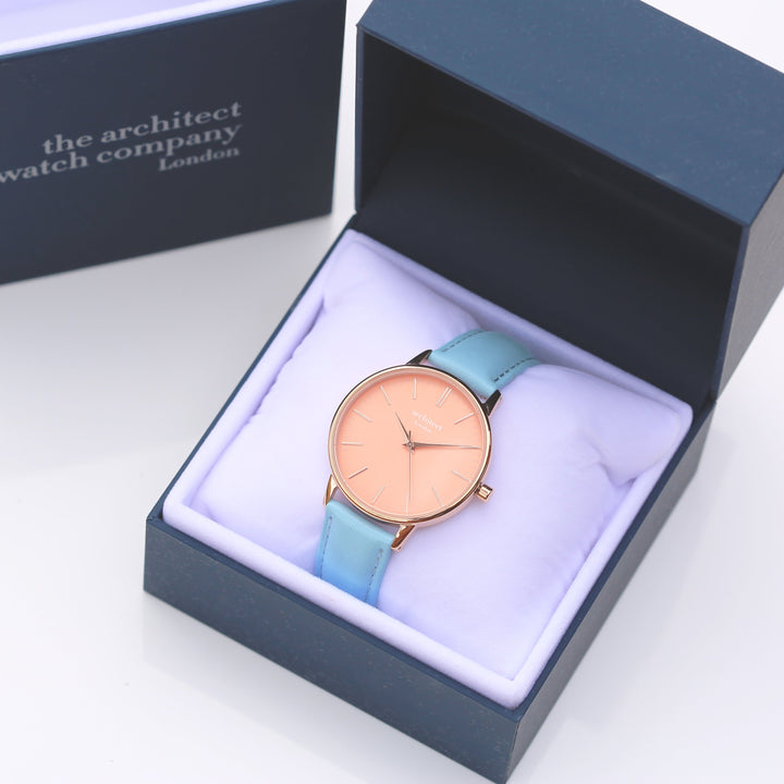 Ladies Archiect Coral - Modern Font Engraving + Light Blue Strap - Wear We Met