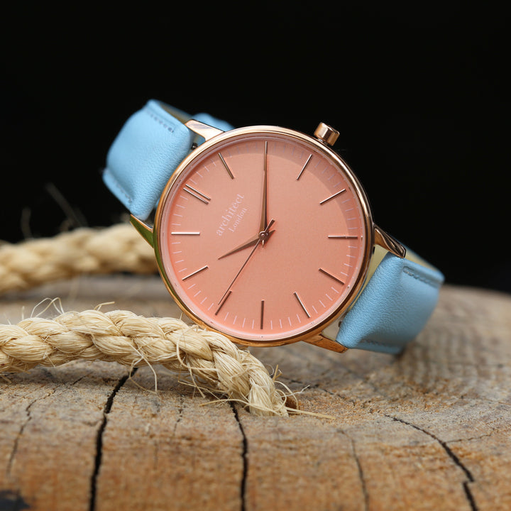 Ladies Archiect Coral - Modern Font Engraving + Light Blue Strap - Wear We Met