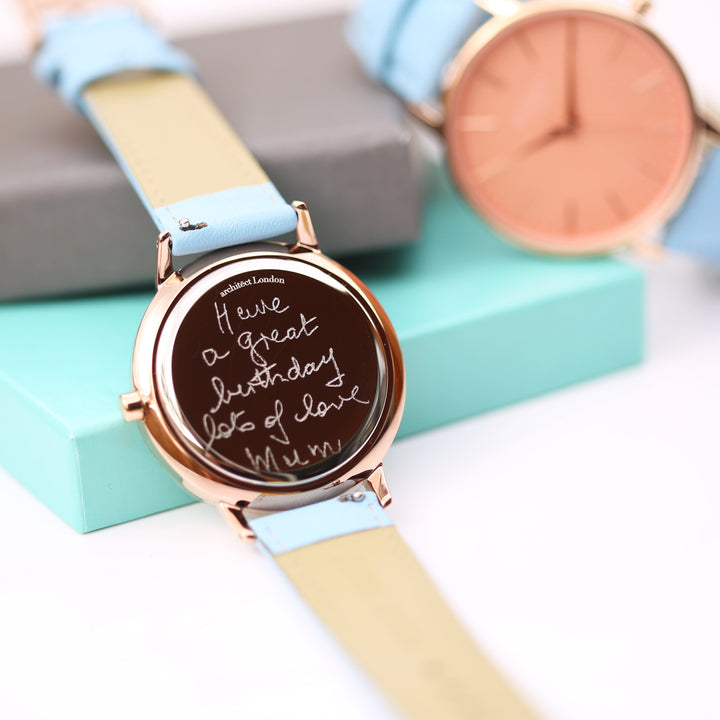 Ladies Archiect Coral - Handwriting Engraving + Light Blue Strap - Wear We Met