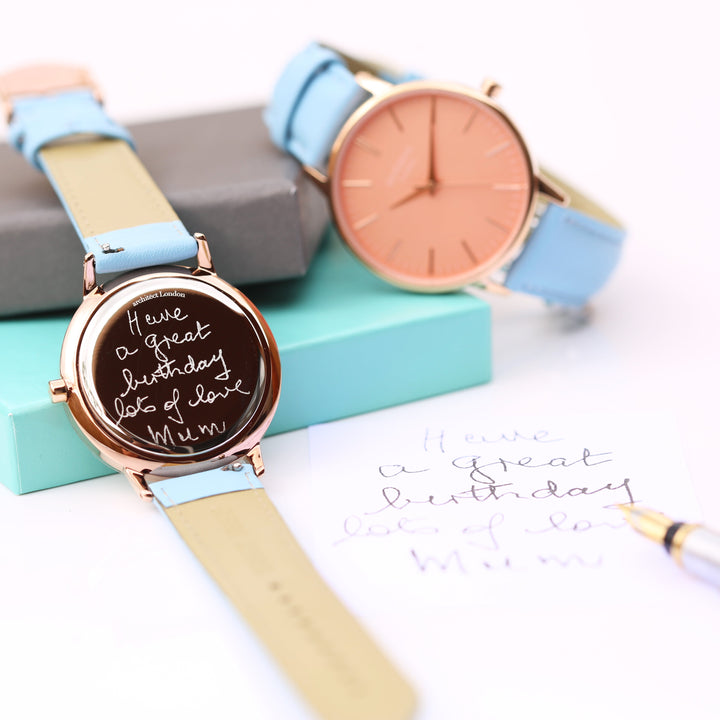 Ladies Archiect Coral - Handwriting Engraving + Light Blue Strap - Wear We Met