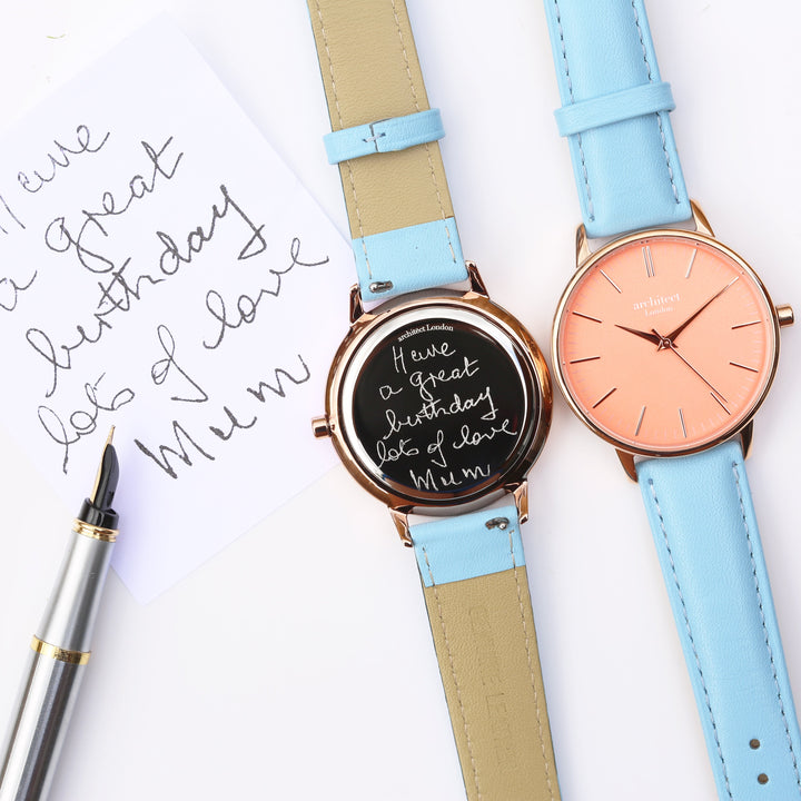 Ladies Archiect Coral - Handwriting Engraving + Light Blue Strap - Wear We Met