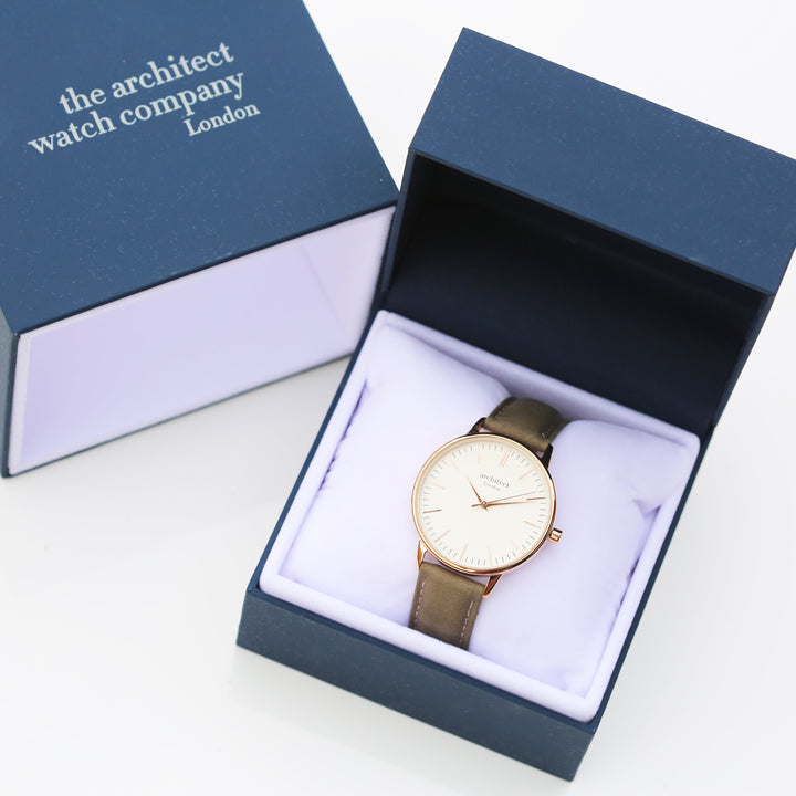 Ladies Archiect Blanc - Modern Font Engraving + Light Grey Strap - Wear We Met