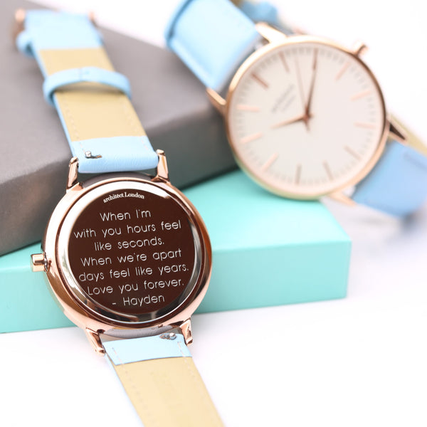 Ladies Archiect Blanc Modern Font Engraving + Light Blue Strap 