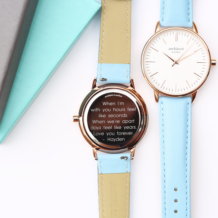 Ladies Archiect Blanc - Modern Font Engraving + Light Blue Strap - Wear We Met