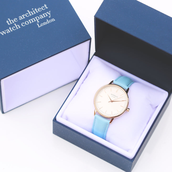 Ladies Archiect Blanc - Modern Font Engraving + Light Blue Strap - Wear We Met