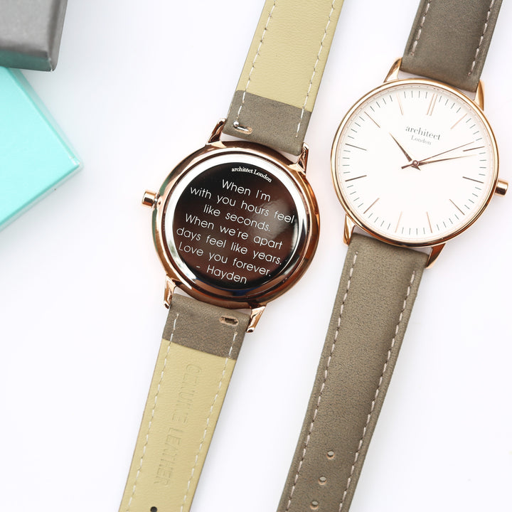 Ladies Archiect Blanc - Modern Font Engraving + Light Grey Strap - Wear We Met