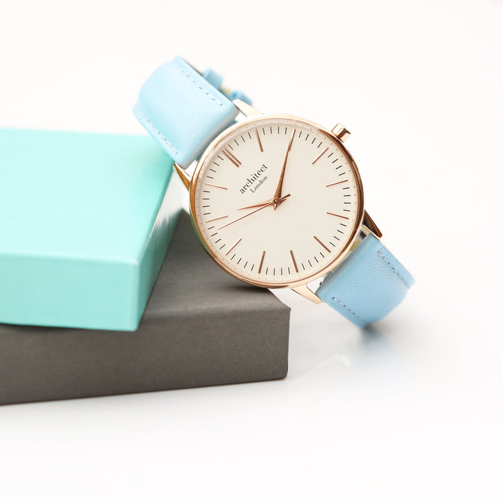 Ladies Archiect Blanc - Modern Font Engraving + Light Blue Strap - Wear We Met