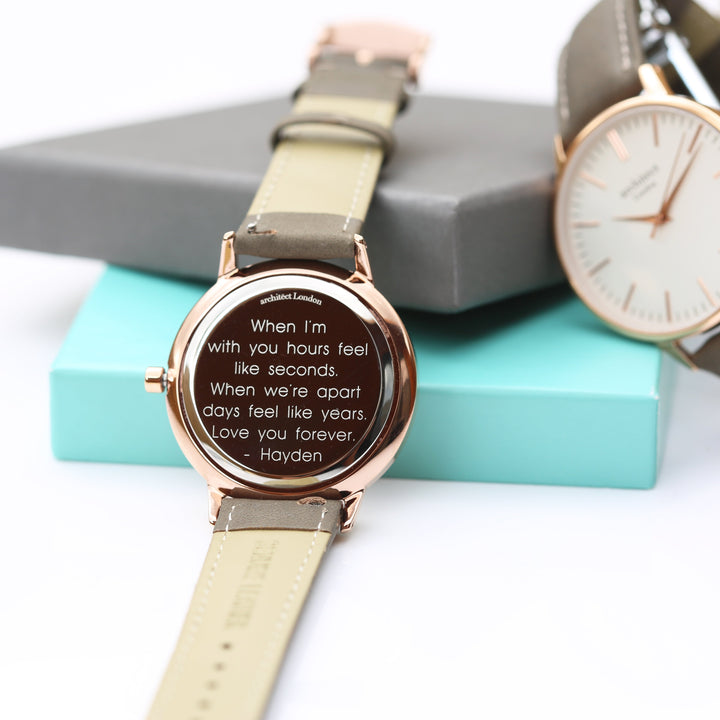 Ladies Archiect Blanc - Modern Font Engraving + Light Grey Strap - Wear We Met