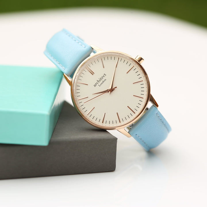 Ladies Archiect Blanc - Modern Font Engraving + Light Blue Strap - Wear We Met