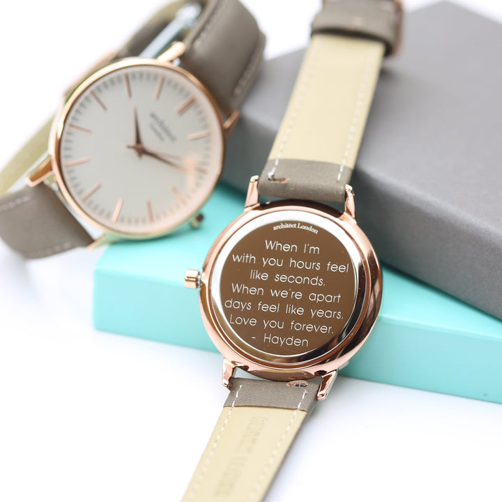 Ladies Archiect Blanc - Modern Font Engraving + Light Grey Strap - Wear We Met