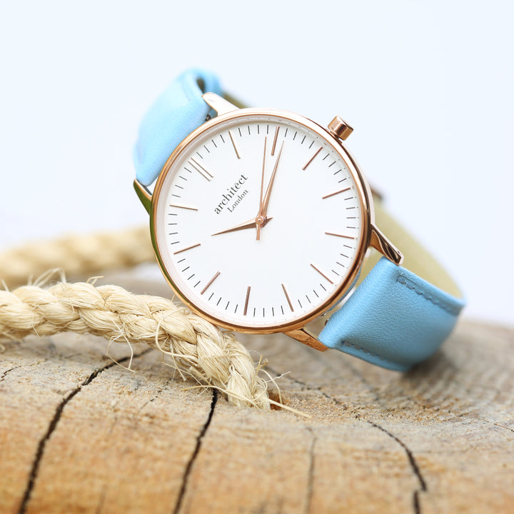 Ladies Archiect Blanc - Modern Font Engraving + Light Blue Strap - Wear We Met