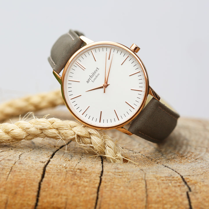 Ladies Archiect Blanc - Modern Font Engraving + Light Grey Strap - Wear We Met