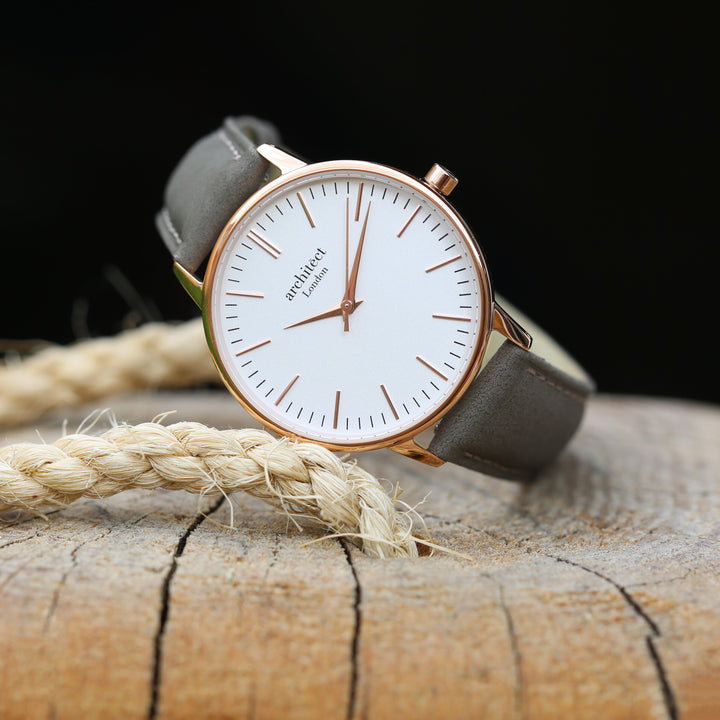 Ladies Archiect Blanc - Modern Font Engraving + Light Grey Strap - Wear We Met