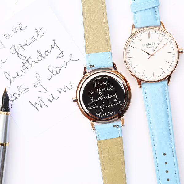 Ladies Archiect Blanc Handwriting Engraving + Light Blue Strap 