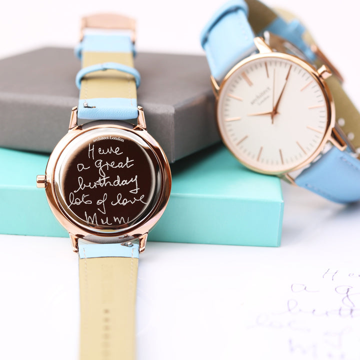 Ladies Archiect Blanc - Handwriting Engraving + Light Blue Strap - Wear We Met