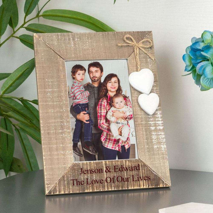 Buy Engraved 4x6" Wooden Picture Frame Natural with White Hearts from www.giftsfinder.co.uk