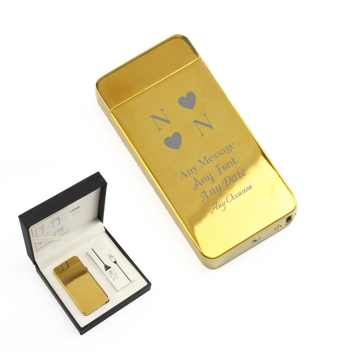 Engraved Electric Arc Lighter, Gold, Heart Initials, Gift Boxed