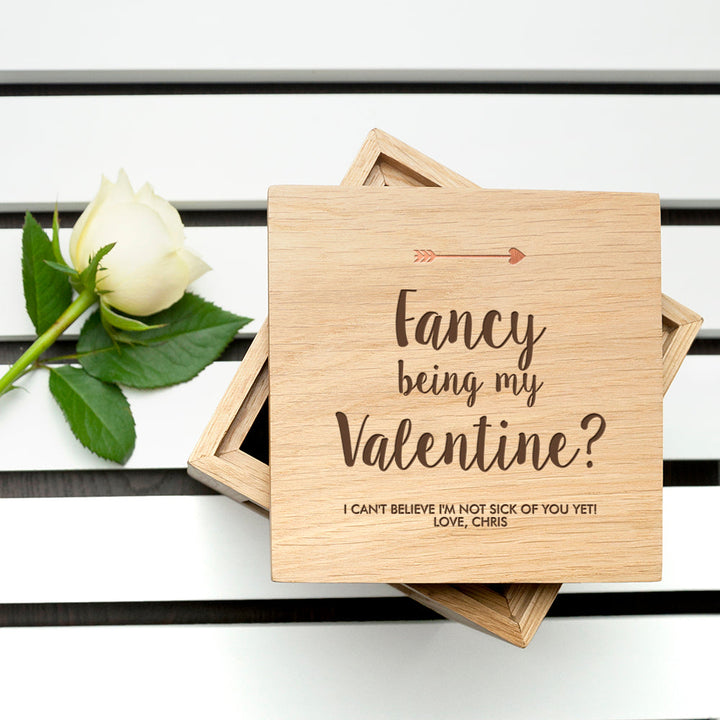 Personalised Fancy Being My Valentine? Oak Photo Cube in gift category Personalised Photo Cubes