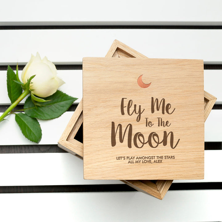 Personalised Fly Me To The Moon Oak Photo Cube in gift category Personalised Photo Cubes