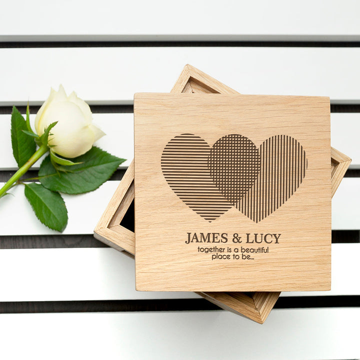 Personalised Heart Venn Diagram Oak  Photo Cube in gift category Personalised Photo Cubes