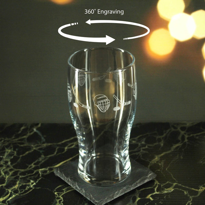 Engraved Ice Hockey Pattern Pint Glass Set of 4, 20oz Tulip Glasses