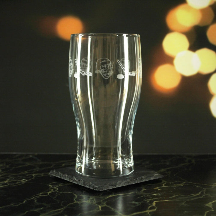 Engraved Ice Hockey Pattern Pint Glass Set of 4, 20oz Tulip Glasses