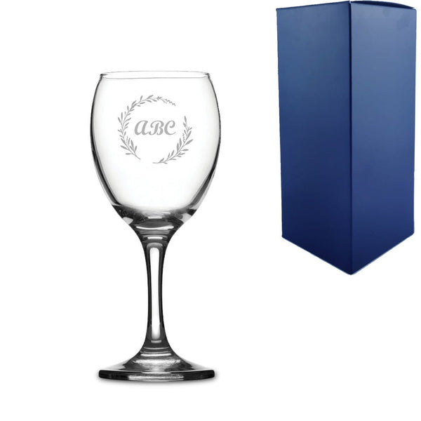 Engraved Novelty 9oz Imperial Wine Glass with Wreath Design - any Initials