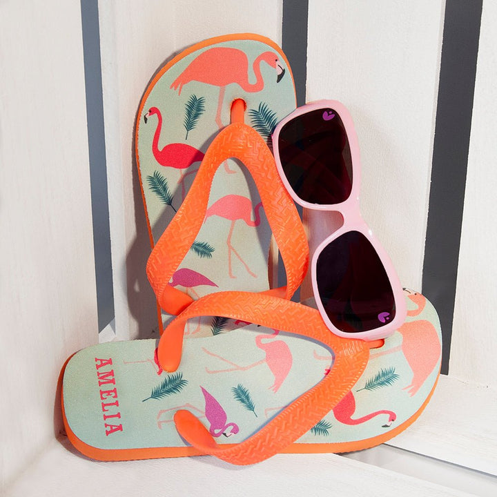 Fabulous Flamingos Child's Personalised Flop Flops in gift category 