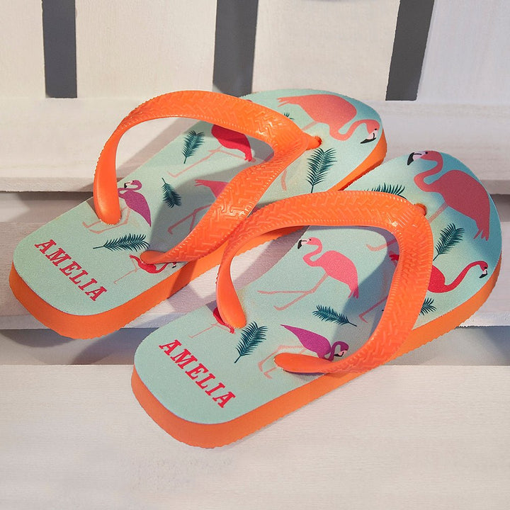 Fabulous Flamingos Child's Personalised Flop Flops in gift category 