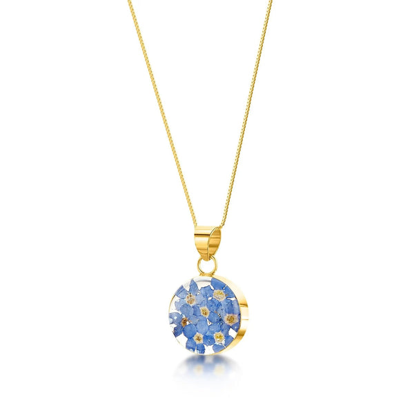 Gold-plated sterling silver round necklace with real forget me not flowers. Ideal gift for mum or nan