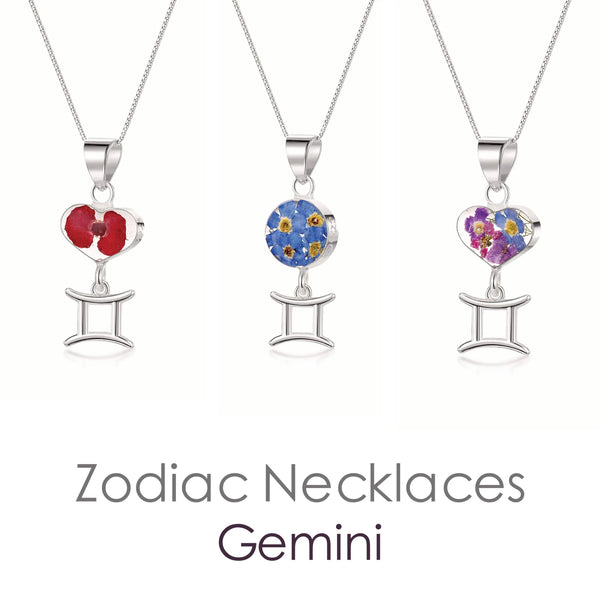 Gemini Necklace - Sterling silver pendant with real flowers & a zodiac charm.  More Options...