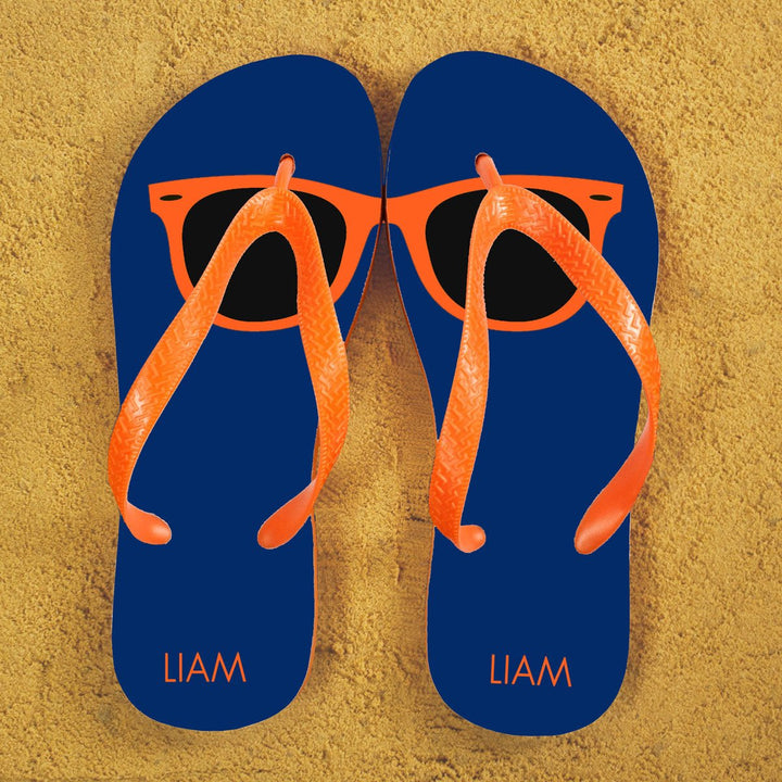 Holiday Style Personalised Flip Flops in Blue and Orange in gift category Personalised Kids Flip Flops