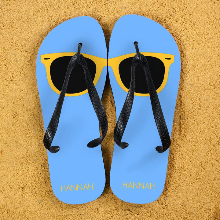 Holiday Style Personalised Flip Flops in Blue and Yellow in gift category Personalised Kids Flip Flops