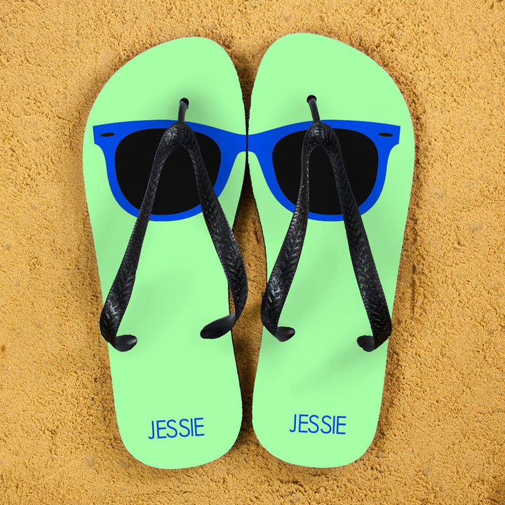 Holiday Style Personalised Flip Flops in Green and Blue in gift category Personalised Kids Flip Flops