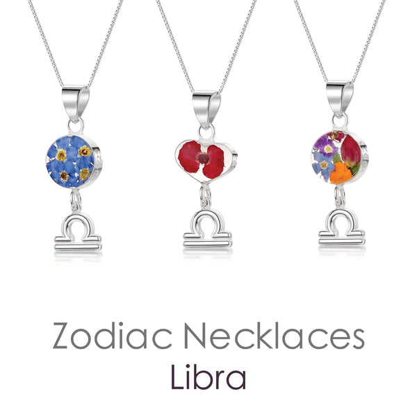 Libra Necklace - Sterling silver pendant with real flowers & a zodiac charm.  More Options...