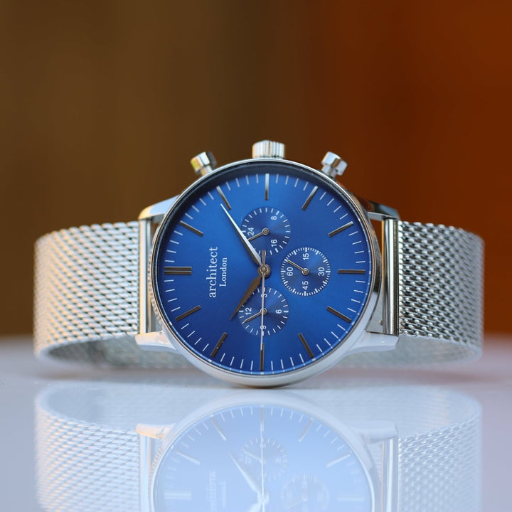 Buy Men's Architect Motivator In Blue With Silver Mesh Strap - Modern Font Engraving from www.giftsfinder.co.uk