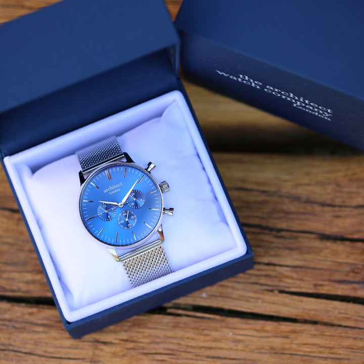 Buy Men's Architect Motivator In Blue With Silver Mesh Strap - Modern Font Engraving from www.giftsfinder.co.uk