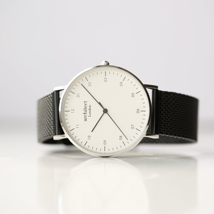 Buy Modern Font Engraving - Men's Architect Zephyr, Pitch Black Mesh Strap from www.giftsfinder.co.uk