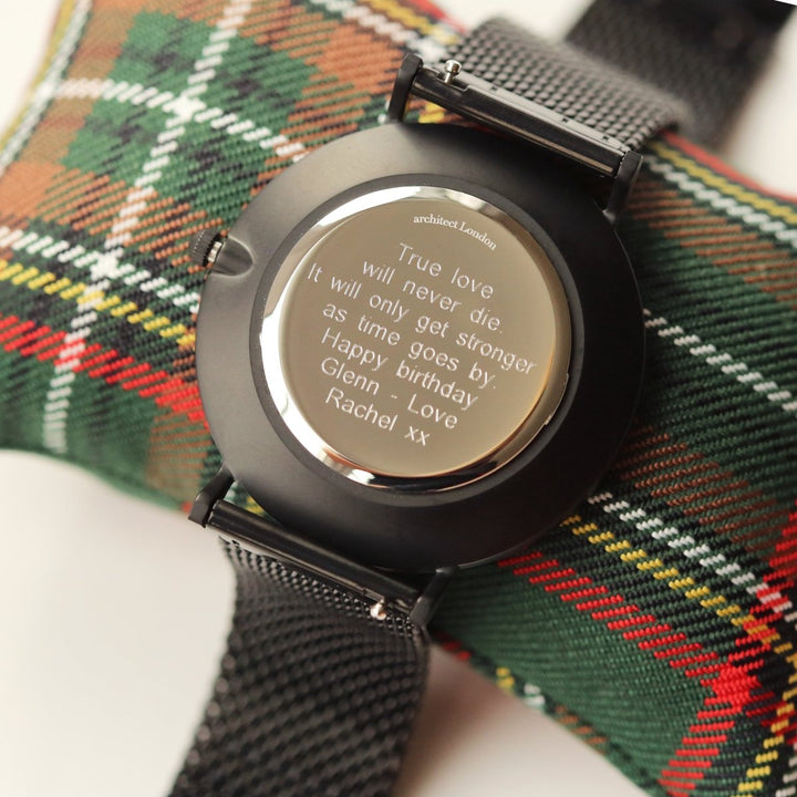 Buy Modern Font Engraving - Men's Minimalist Watch, Pitch Black Mesh Strap from www.giftsfinder.co.uk