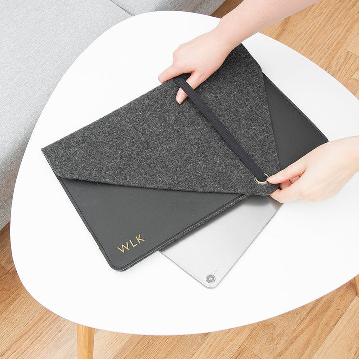 Monogrammed Black Vegan Apple Leather Laptop Sleeve - 13 inch
