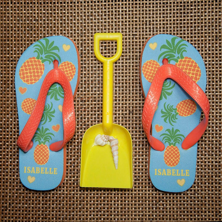 Partying Pineapples! Child's Personalised Flip Flops in gift category Personalised Kids Flip Flops