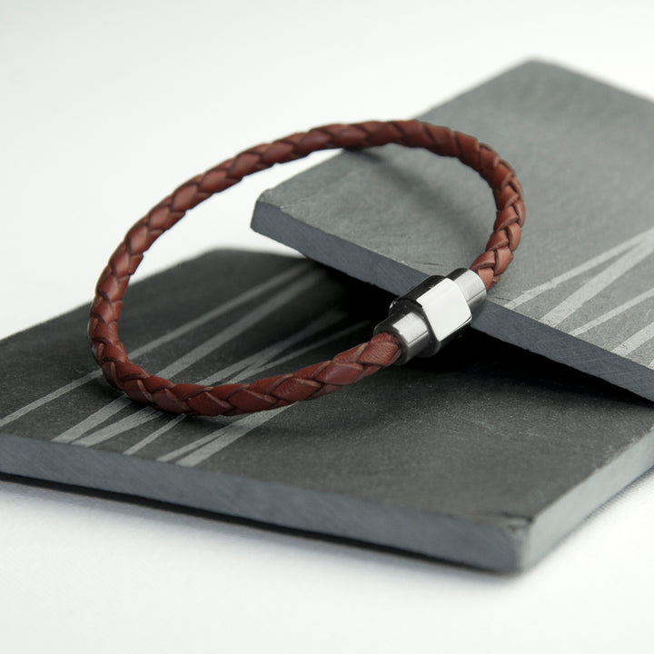 Buy Personalised Men's Woven Leather Bracelet in Burnt Sienna available now at www.giftsfinder.co.uk