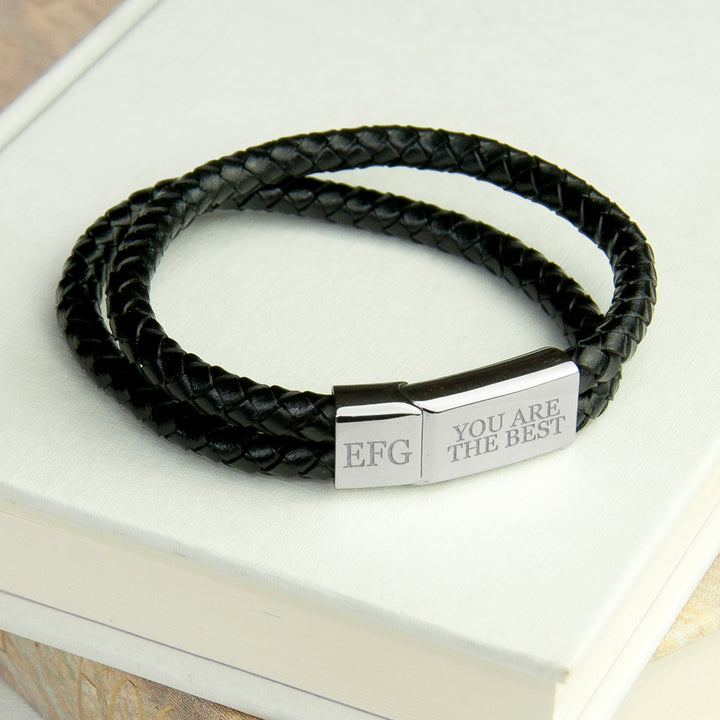 Buy Personalised Men's Dual Leather Woven Bracelet In Black available now at www.giftsfinder.co.uk