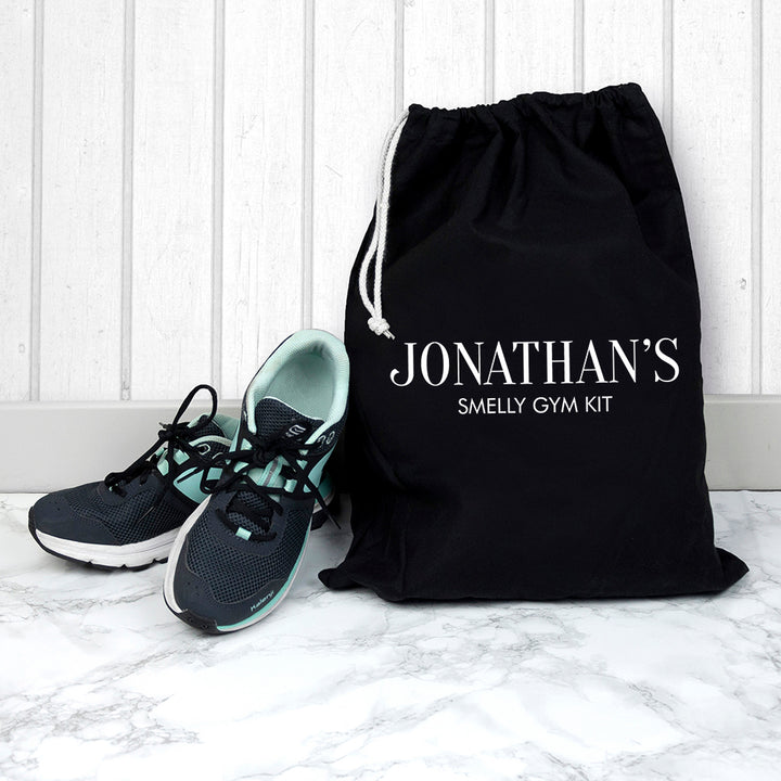 Buy Personalised Cotton Black Gym Bag available now at www.giftsfinder.co.uk