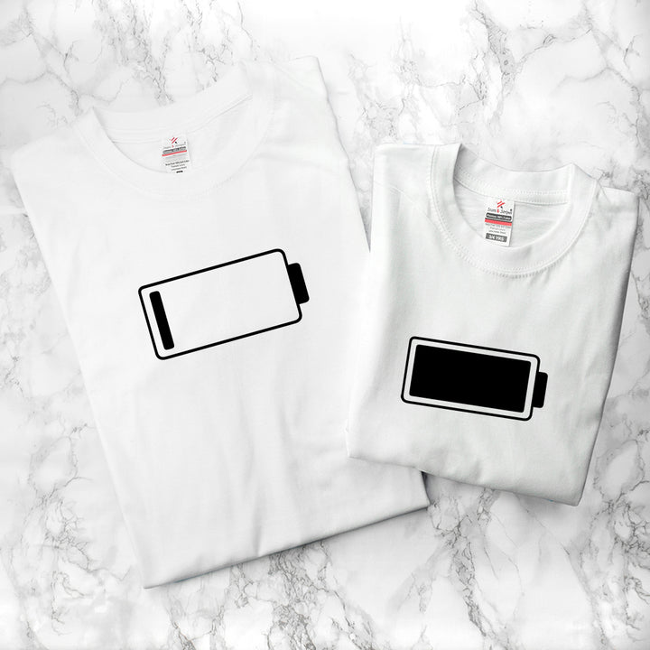 Buy Personalised Daddy and Me Low Battery White T-Shirts available now at www.giftsfinder.co.uk